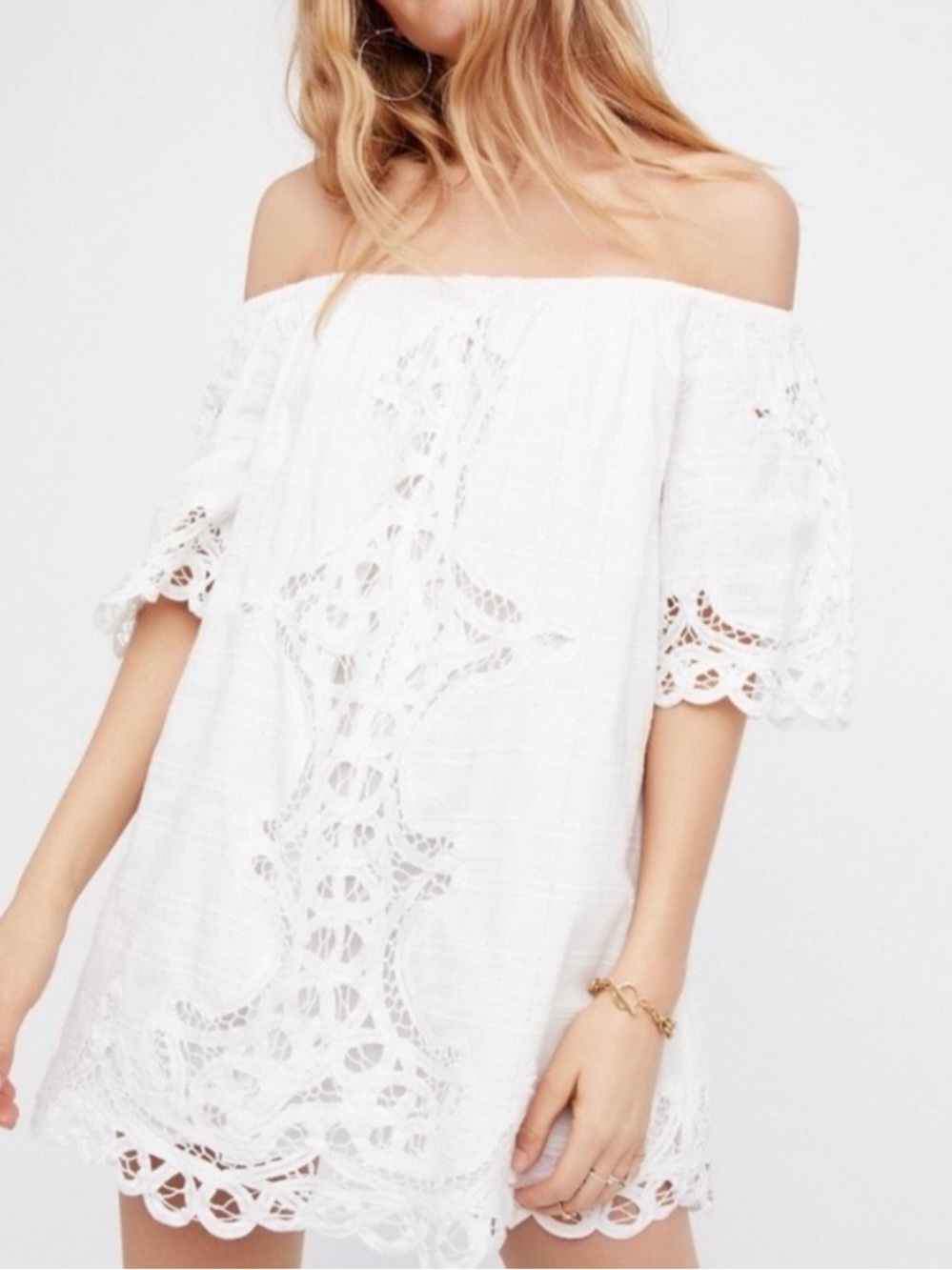 Free People White Off-Shoulder Crochet Lace Dress Size M